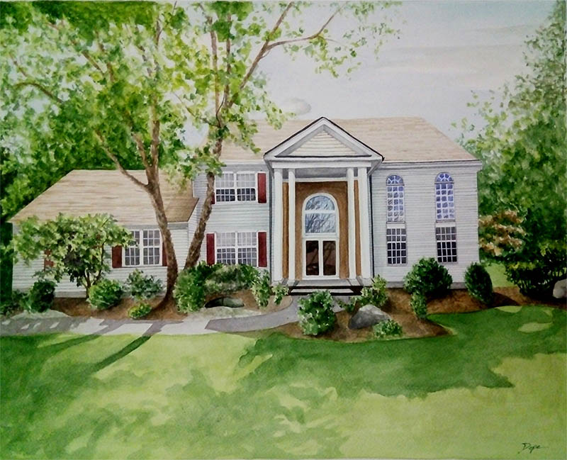 custom watercolor painting of a white house with brown entry