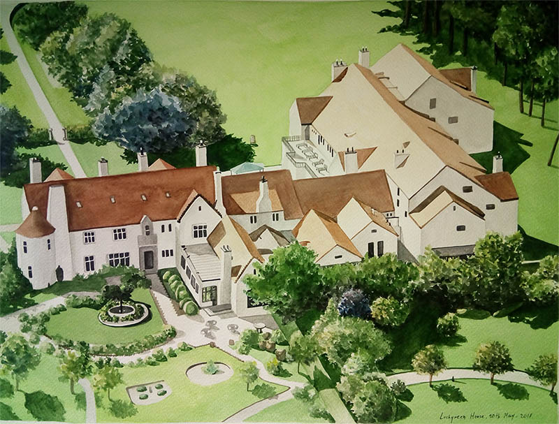 custom watercolor painting of a mansion with huge yard