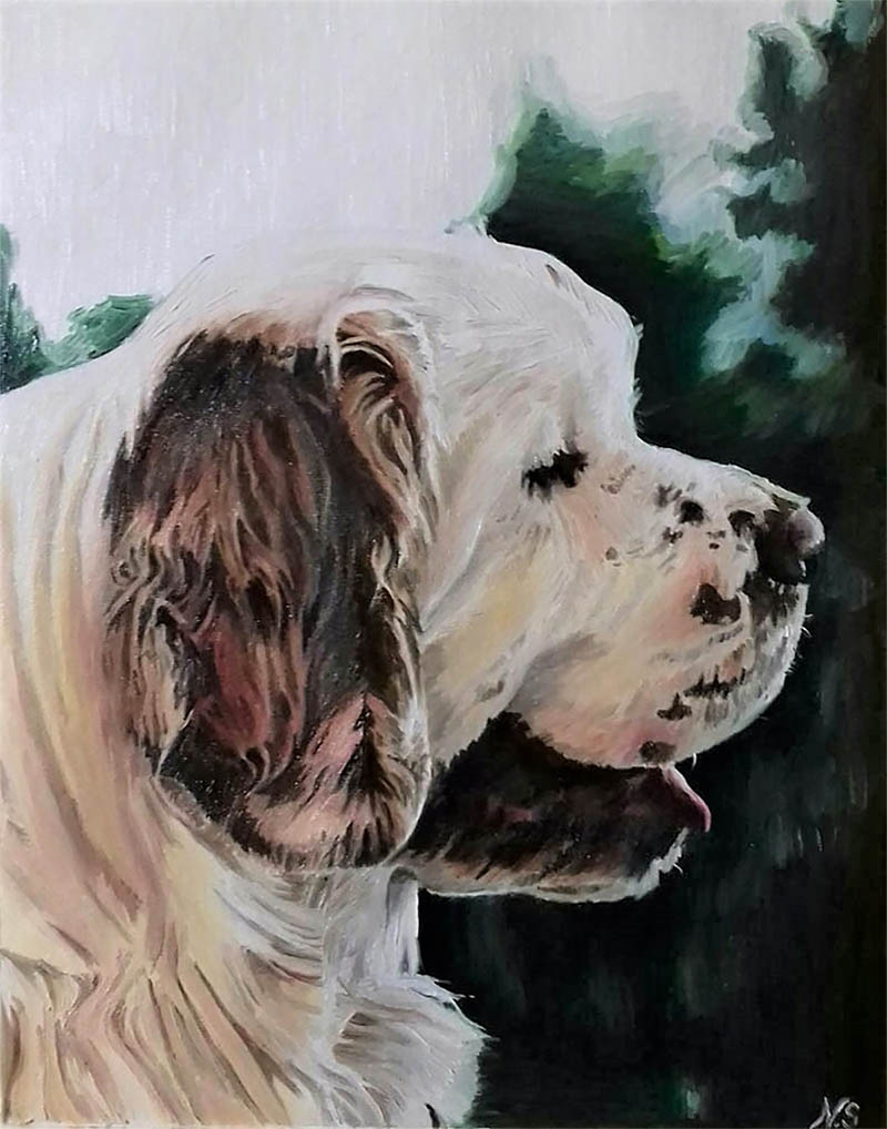 handmade oil painting of a big white dog