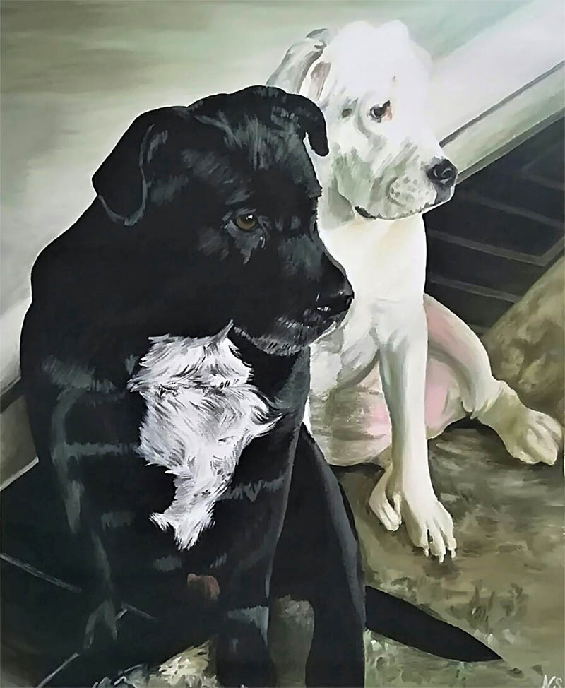 Painting of a black and white dog sitting next to a white dog.