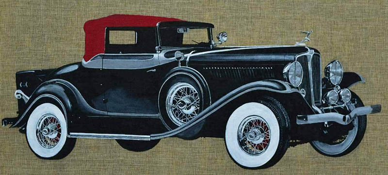 Handmade oil painting of an old black car