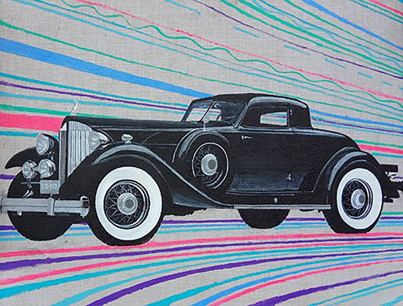 Handmade oil painting of an old black car