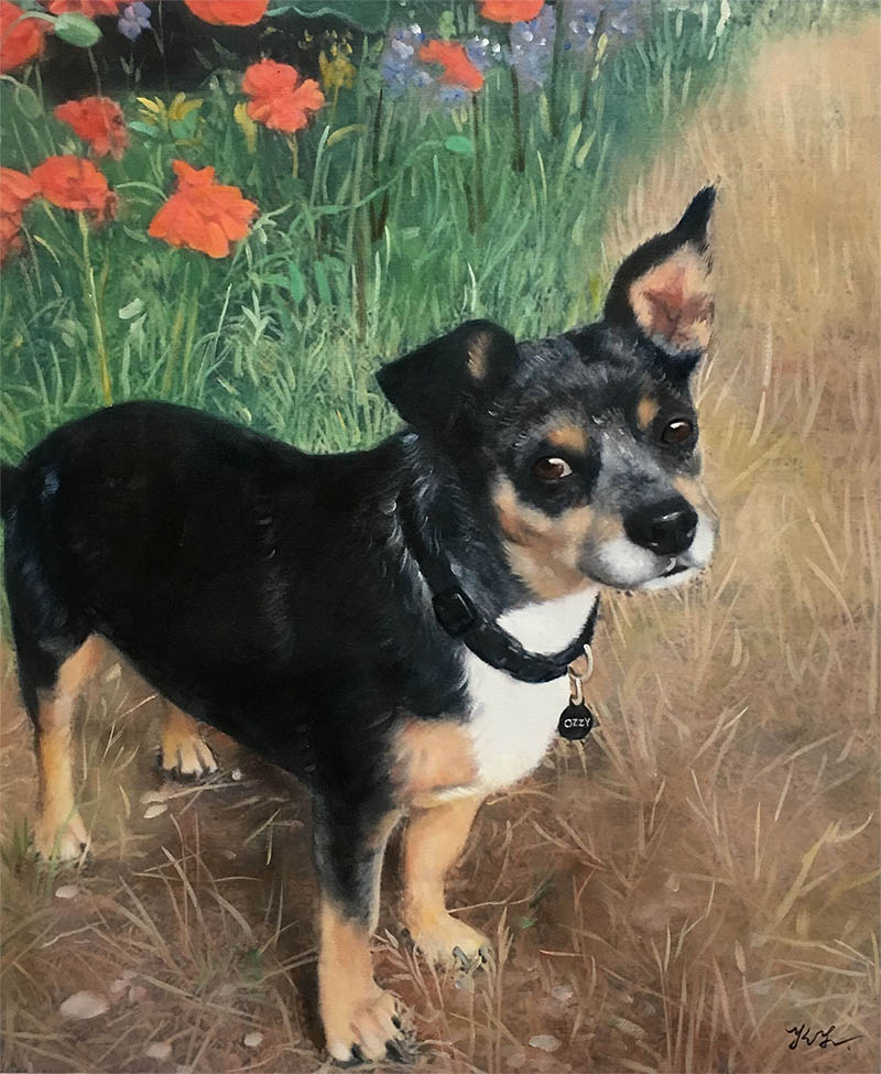 handmade painting of black-brown dog in the garden