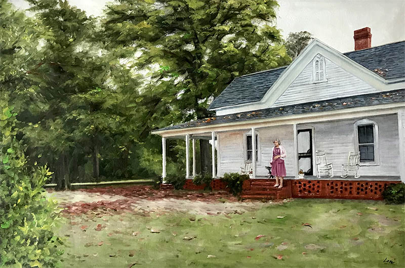 an oil painting of a house and a lady old vintage 