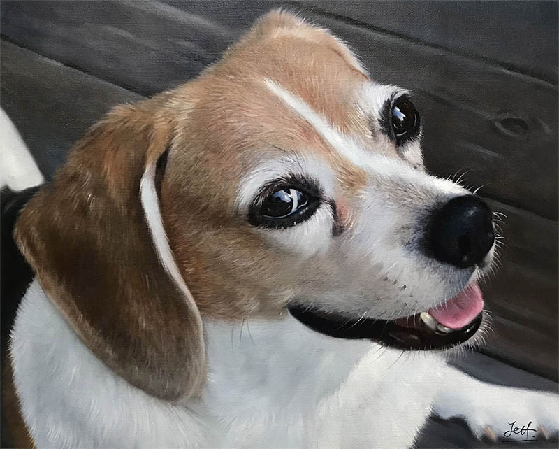 an oil painting of a happy beagle