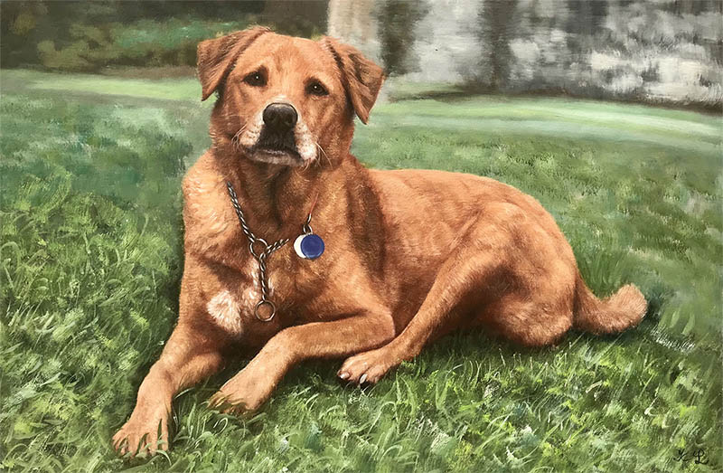an oil painting of a brown dog in a field green 