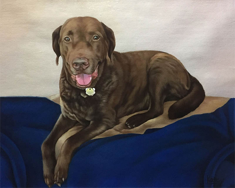 an oil painting of a dark brown lab