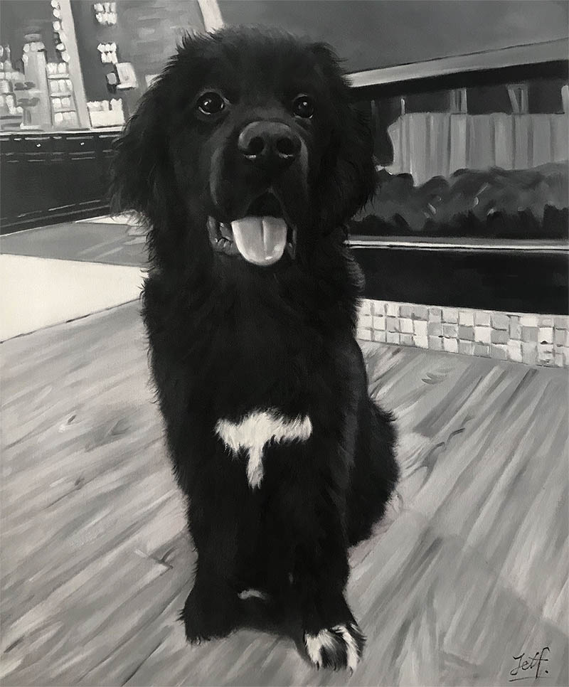 a black and white oil painting of a happy dog 