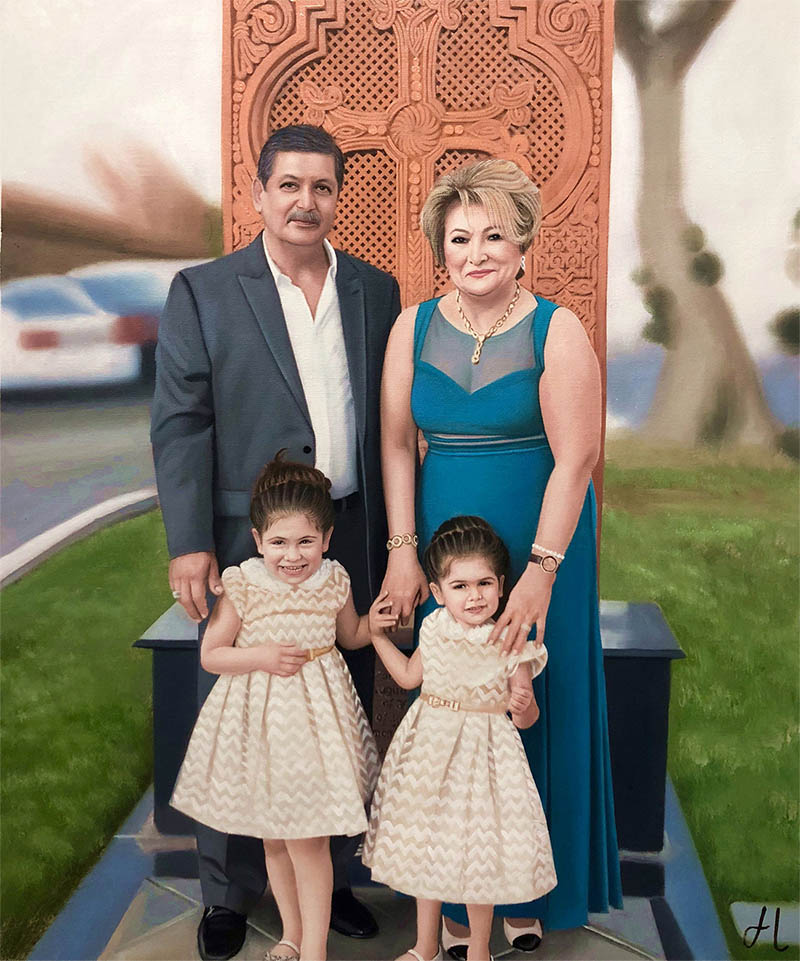 an oil painting of a family