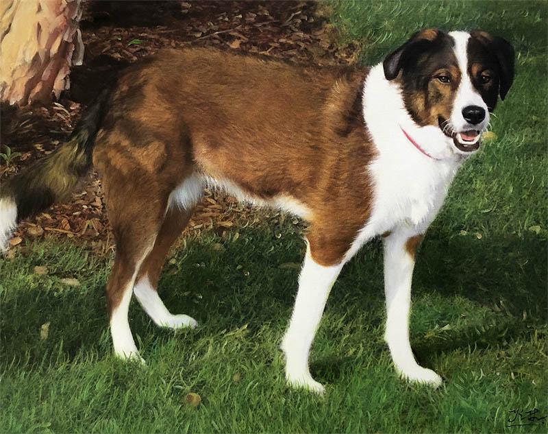 an oil painting of a brown white dog 