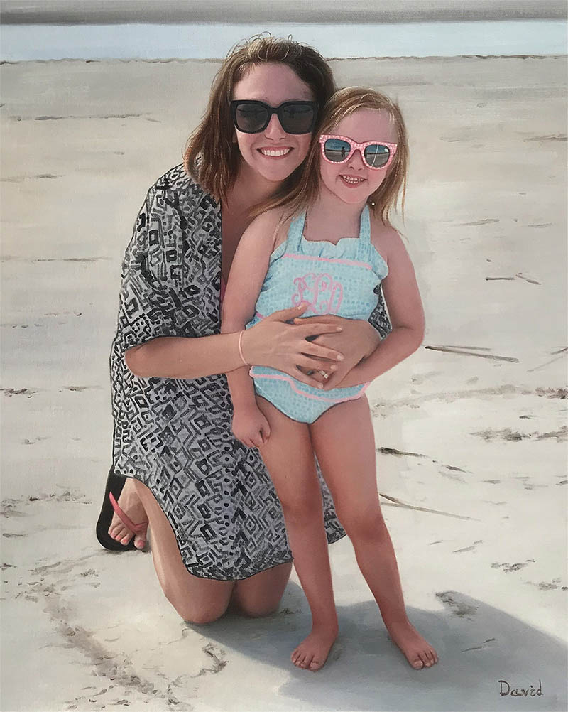 an oil painting of a mother and a daughter at the beach 