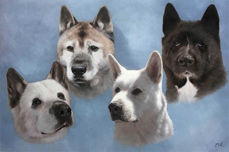 an oil painting of dogs shiba akita 
