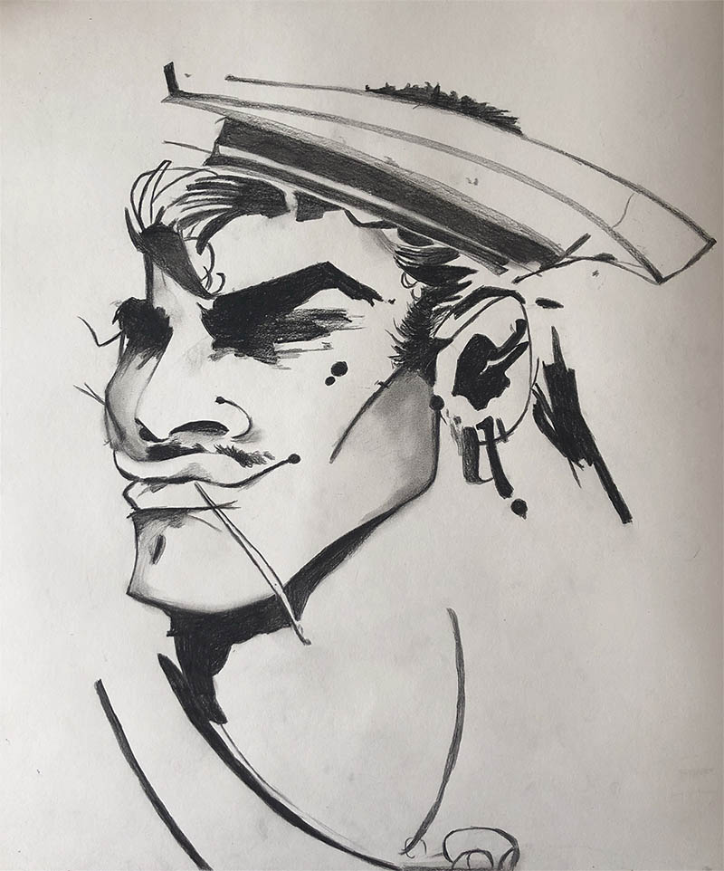 a charcoal painting of a sailor caricature
