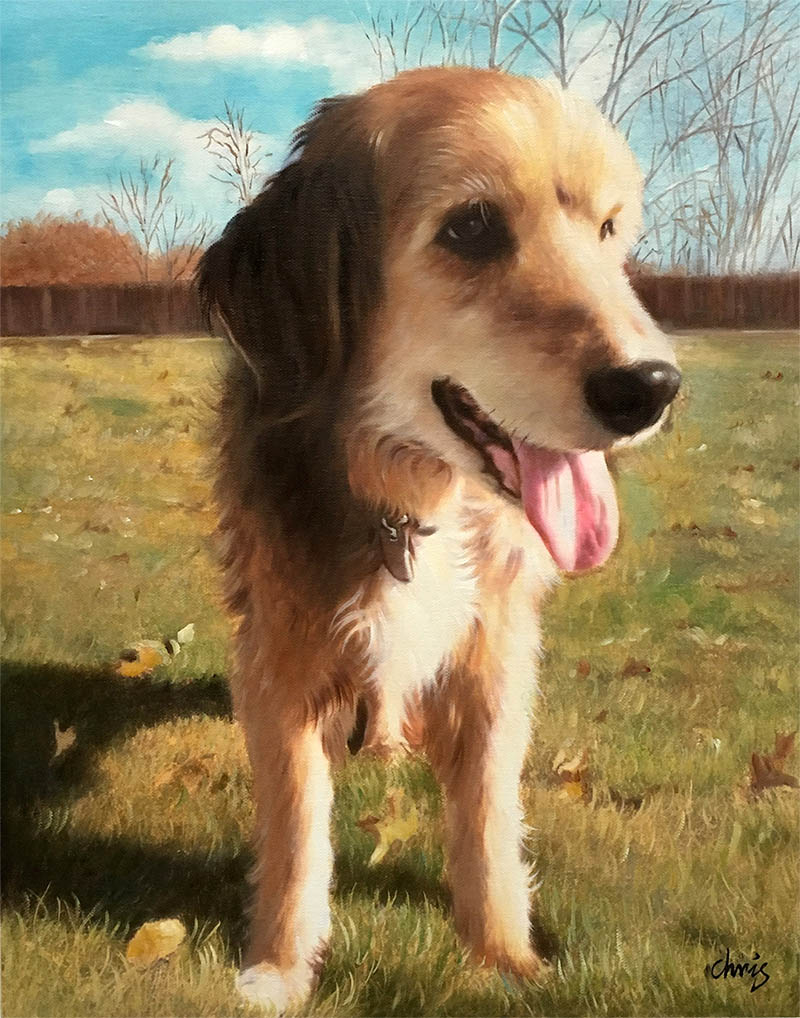an oil painting of a dog in a yard