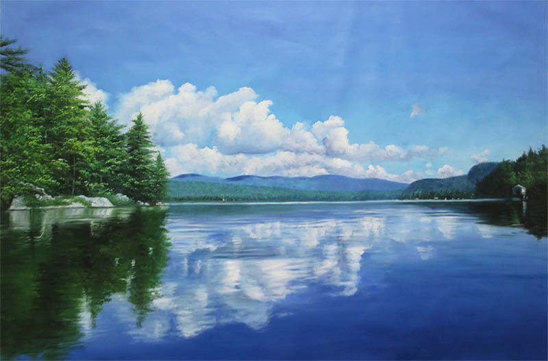 an oil painting of a landscape lake sky