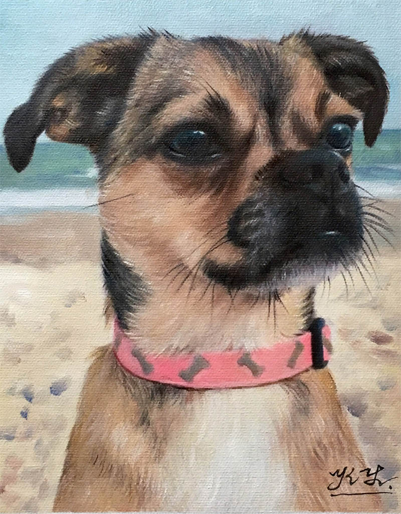an oil painting of a dog beach