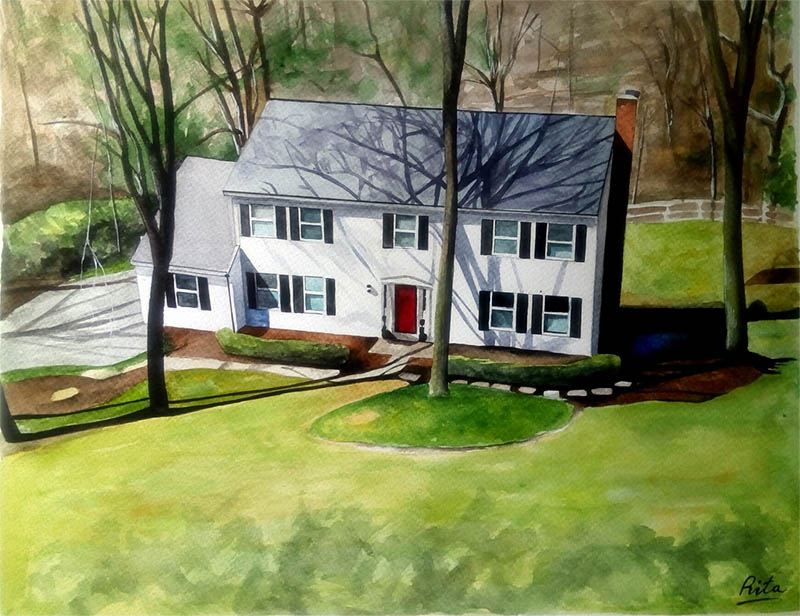 a watercolor painting of a house 