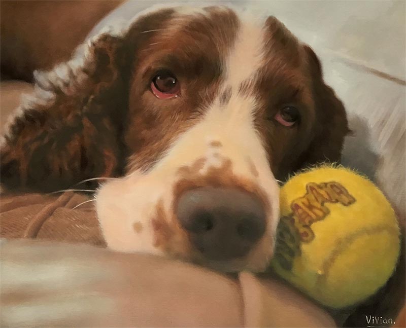 an oil painting of a dog with his yellow ball