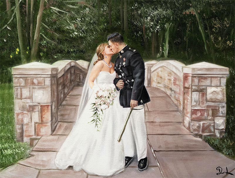 Painting of a bride and groom in military uniform kissing on a stone bridge.