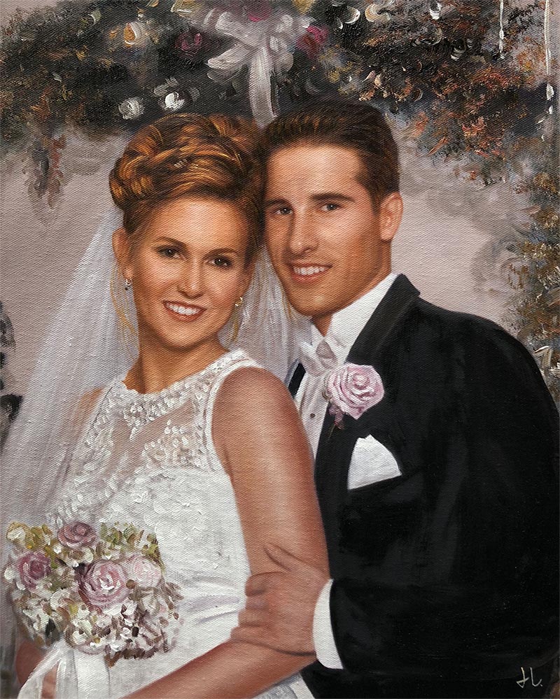 Painted portrait of a bride and groom.