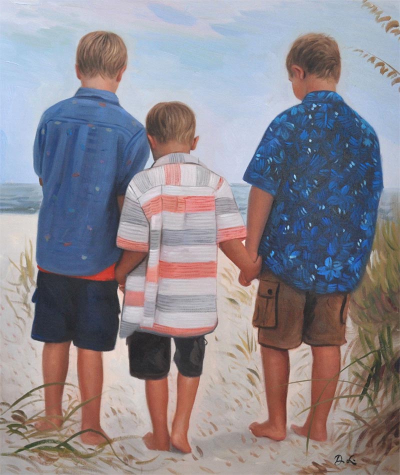 an oil painting of a children by the beach