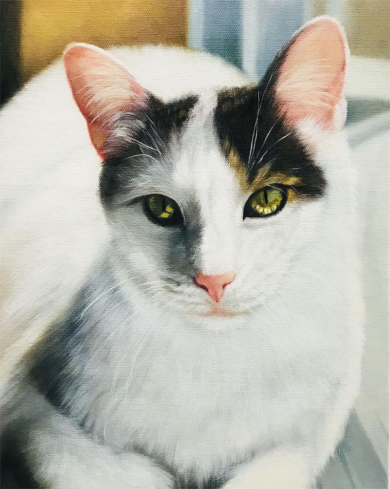 an oil painting of a cat with yellow eyes 