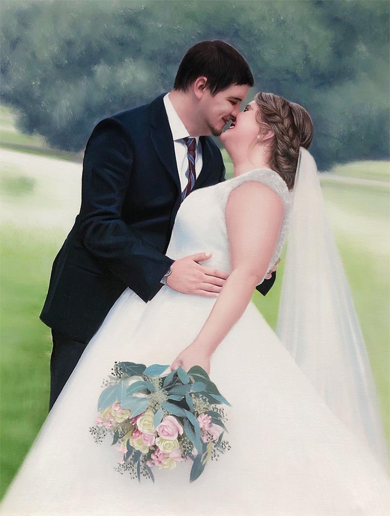 Painting of a bride and groom kissing, bride holding bouquet