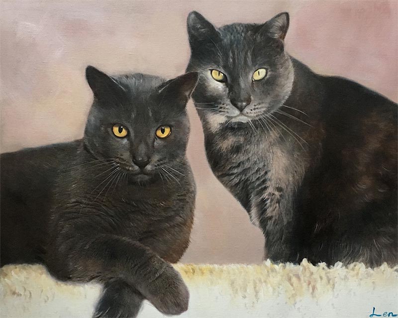 Painting of two dark gray cats with yellow eyes.