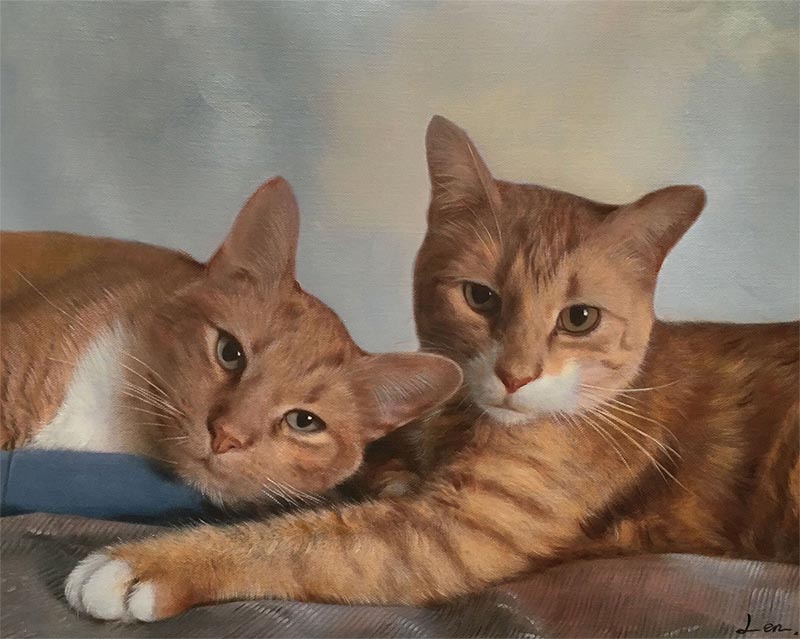 Painting of two orange tabby cats cuddling.