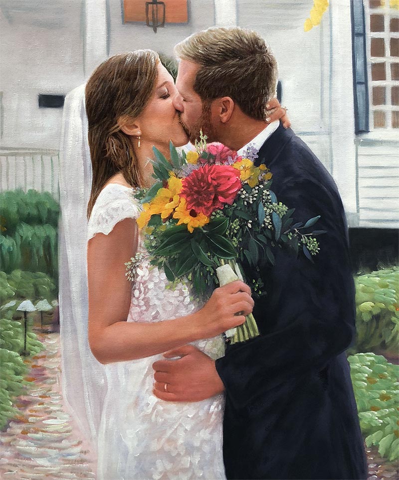 Painting of a bride and groom kissing, bride holding a bouquet.