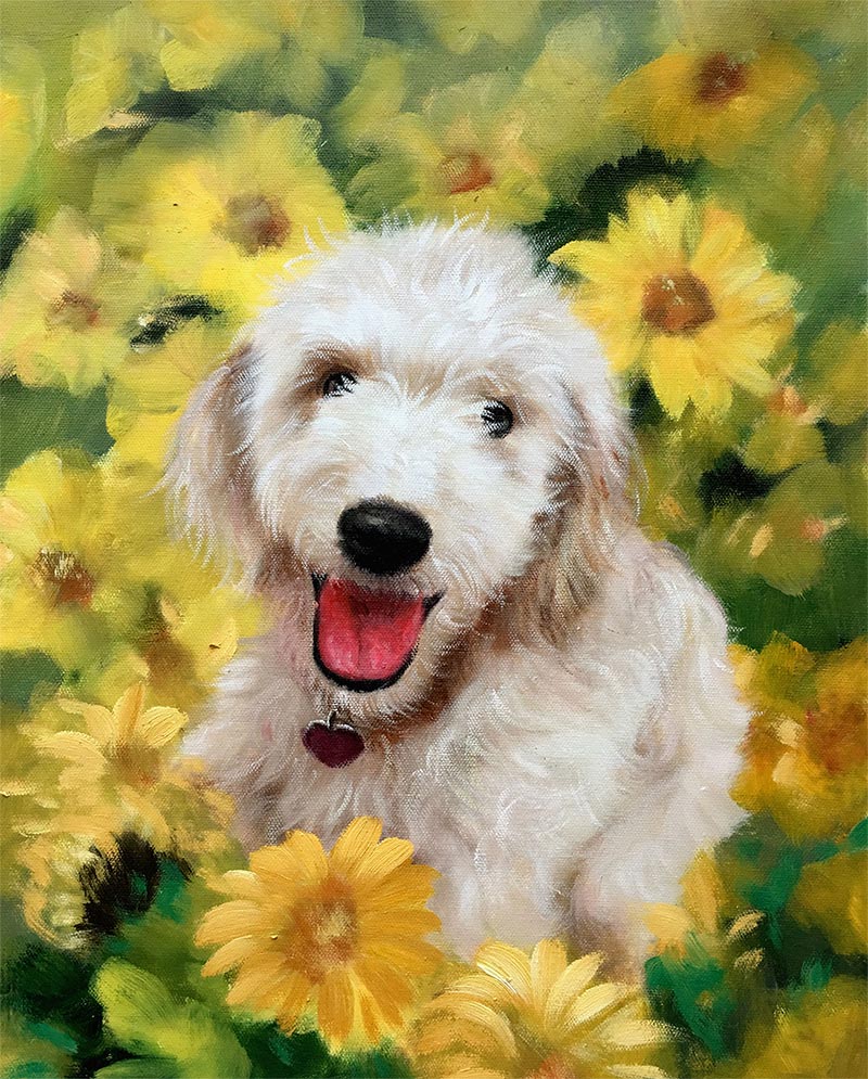 an oil painting of a dog in a sunflower field 