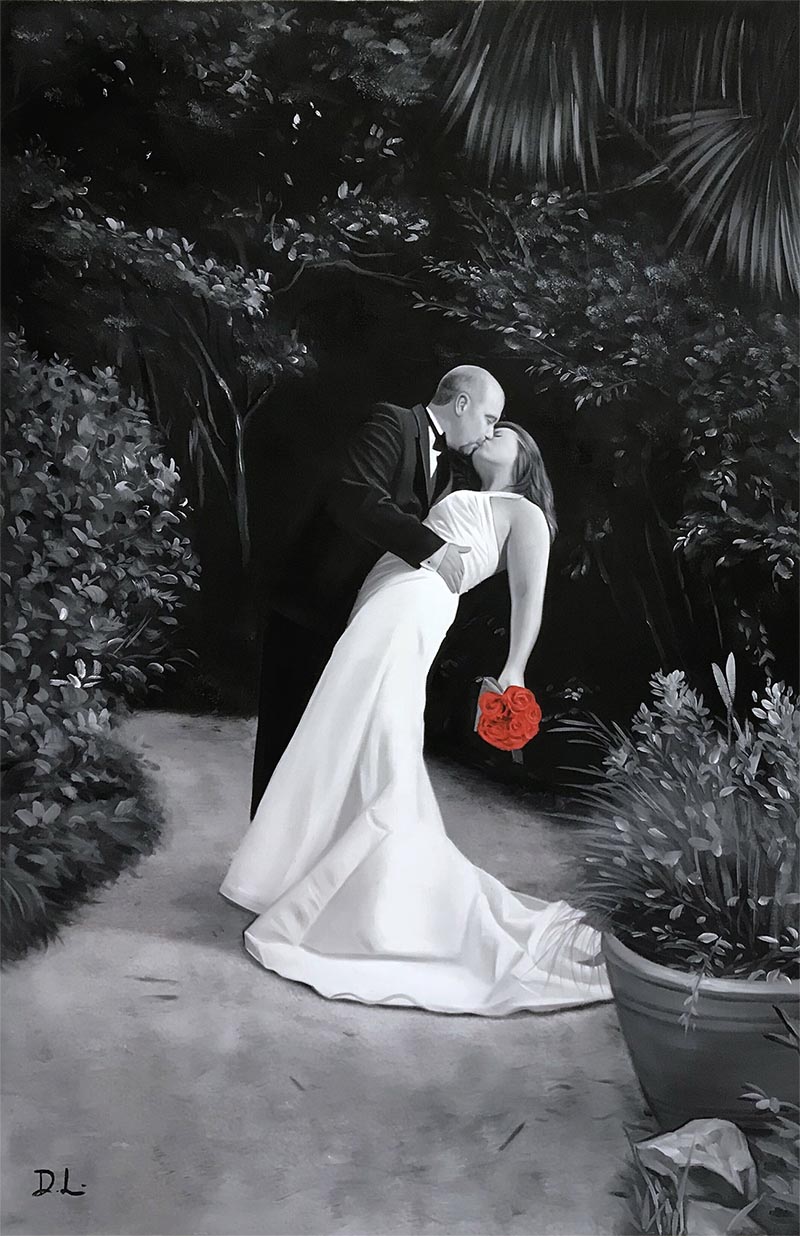Black and white painting of a bride and groom kissing, bride holding a red rose bouquet.