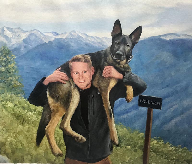 an oil painting of a guy and his pet hiking 