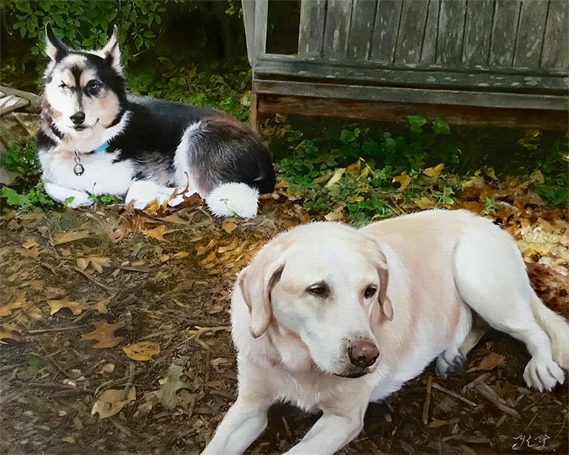 Painting of a husky and a yellow Labrador Retriever lying down on the ground among fallen leaves.