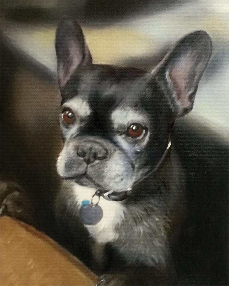 an oil painting of a french bulldog black white old