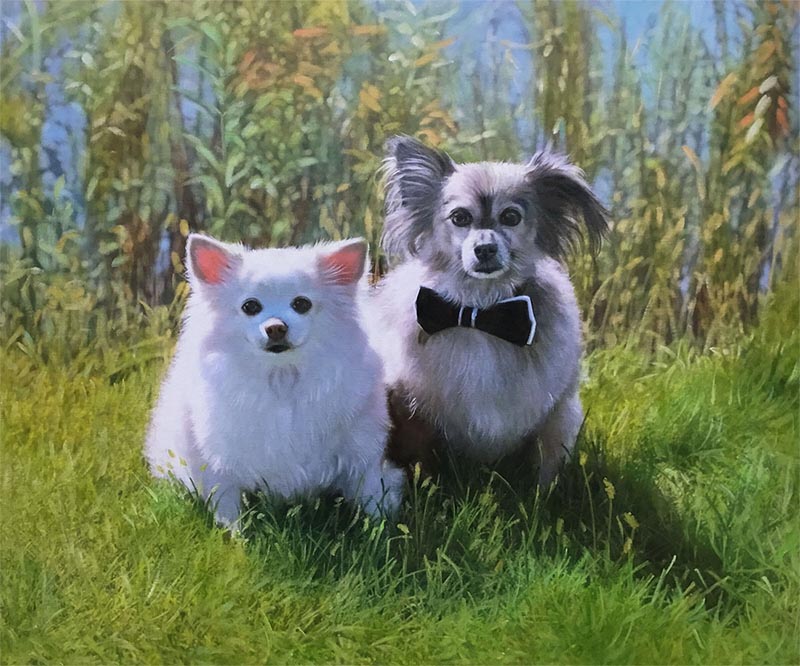 an oil painting of two cute dogs in the field 