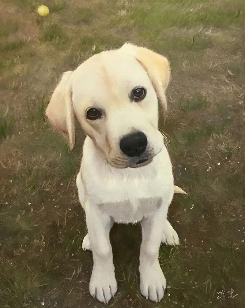 an oil painting of a white lab puppy