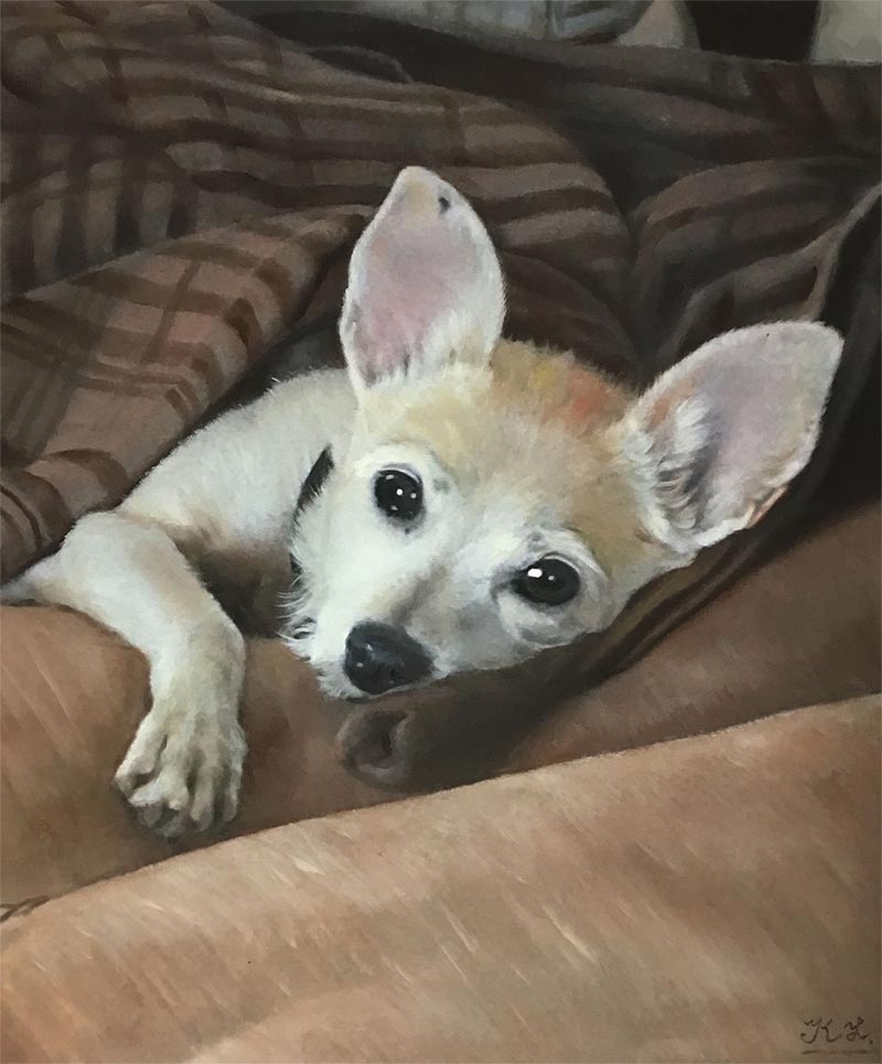 an oil painting of a tiny small white brown dog