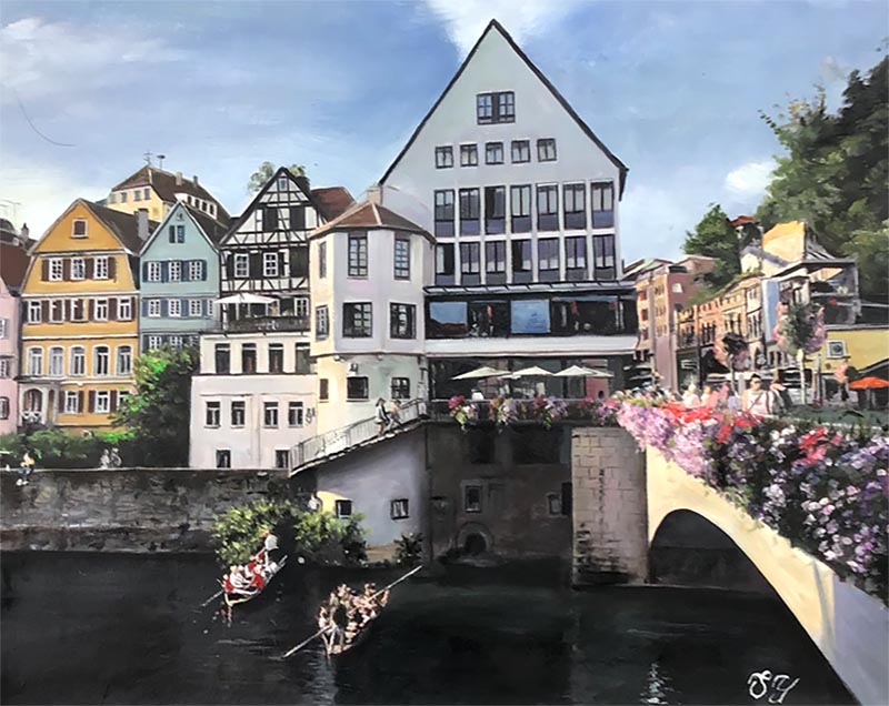 an oil painting of a house by the river