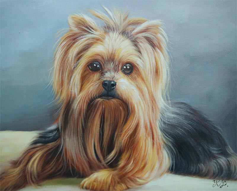 an oil painting of a long haired dog
