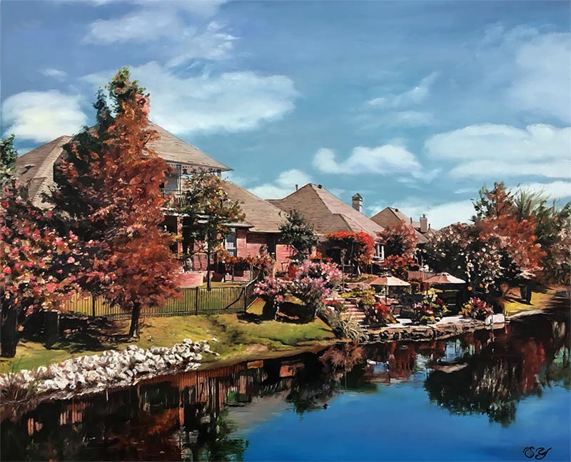 an oil painting of a landscape lake house by tree
