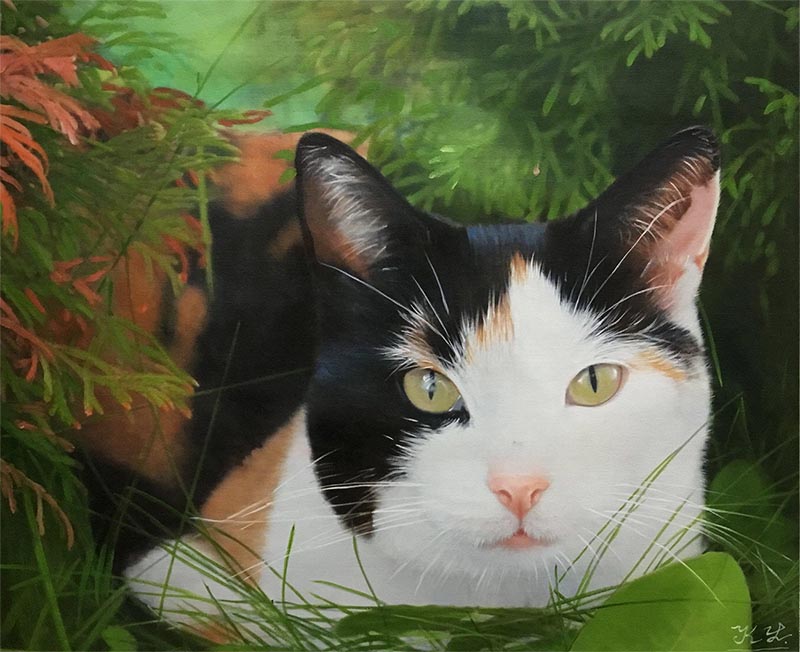 an oil painting of a black white brown cat with green lime eyes