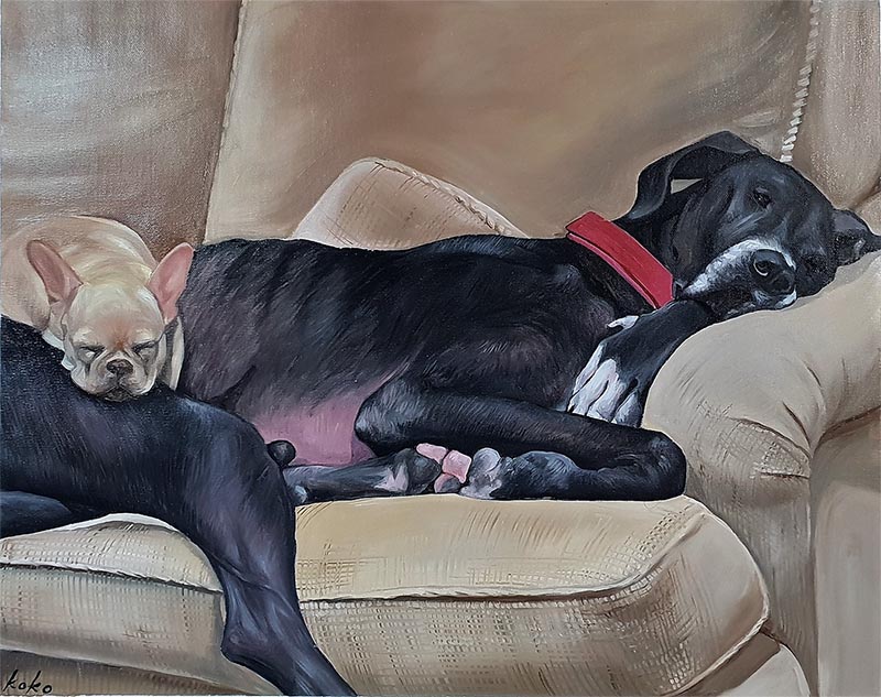 an oil painting of two dogs sleeping on a couch 