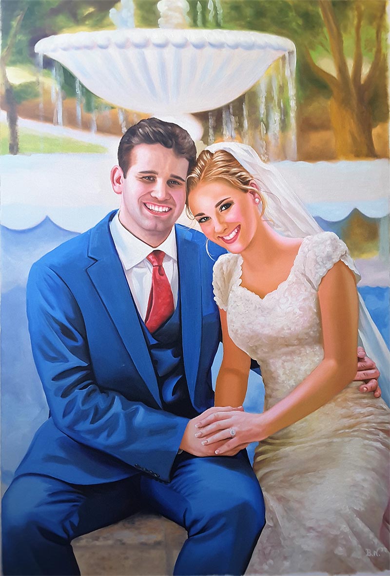 an oil painting of the bride and groom hugging