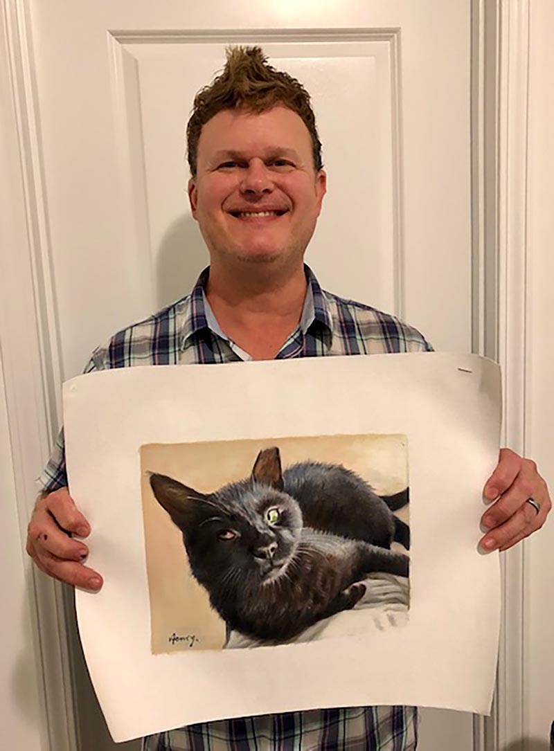 an oil painting of a black cat lying