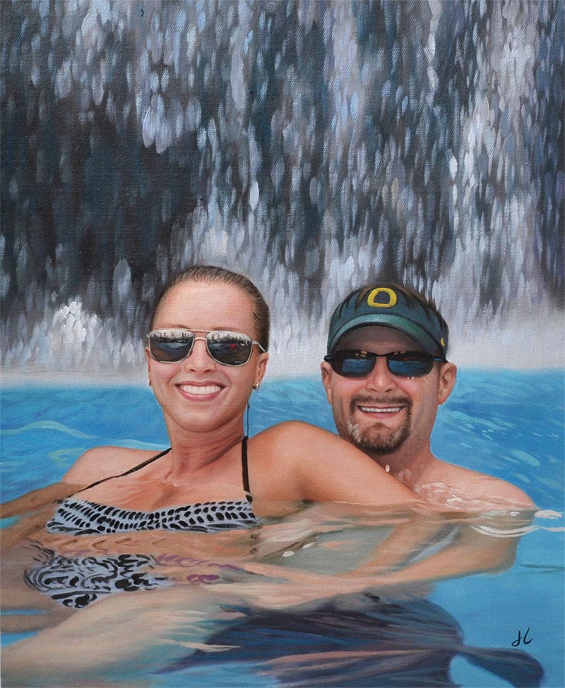 oil painting of couple in the pool