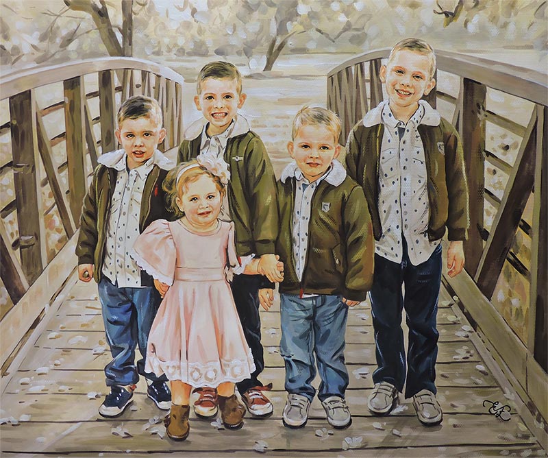 children standing on a bridge hand painted in pastel