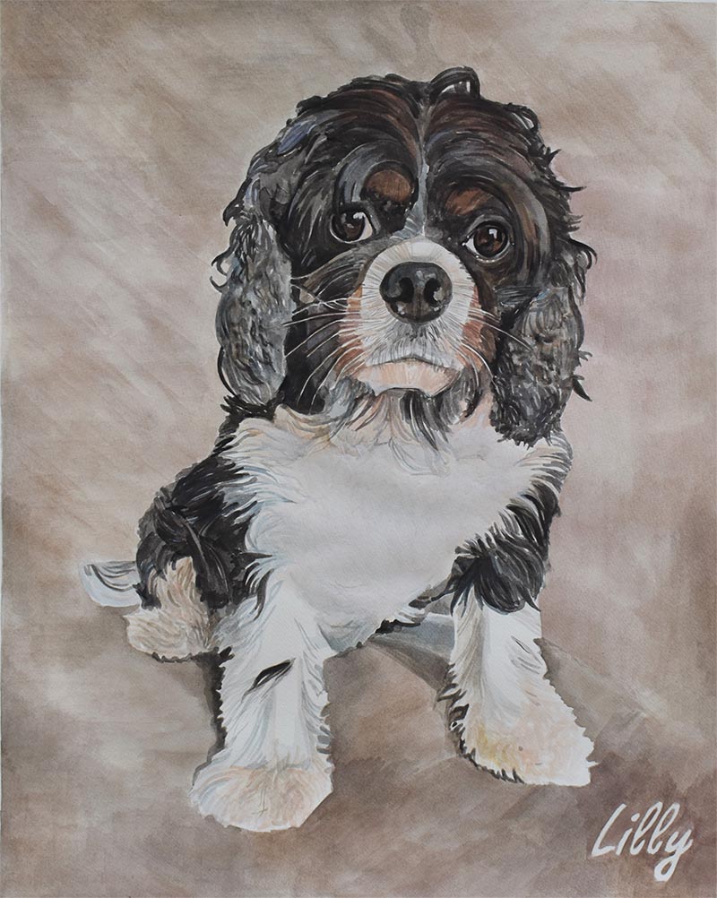 custom watercolor painting of curly haired puppy