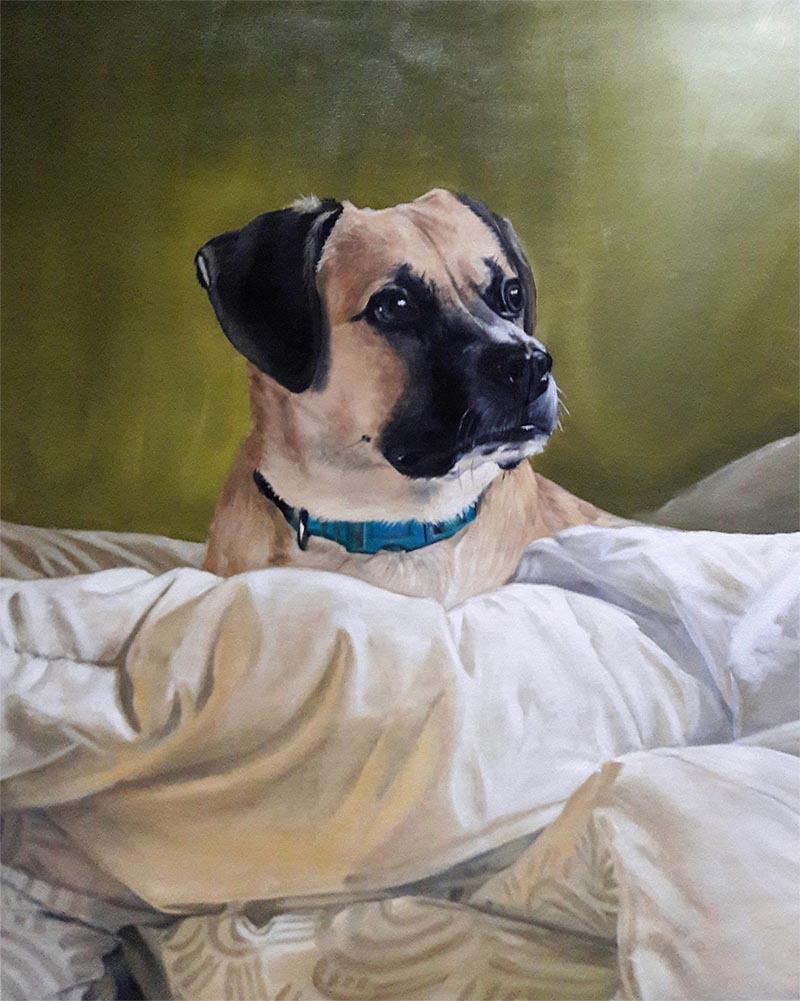 an oil painting of a mutt in bed 