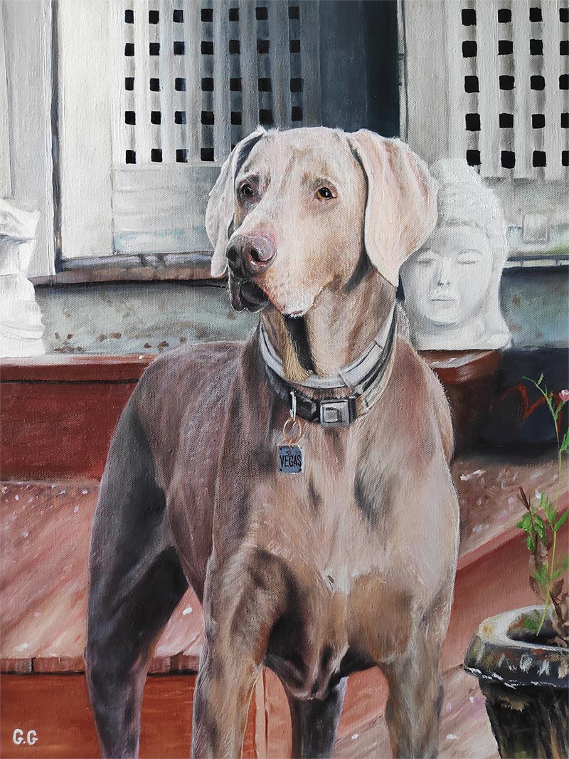 a handmade oil painting of a light grey dog in temple